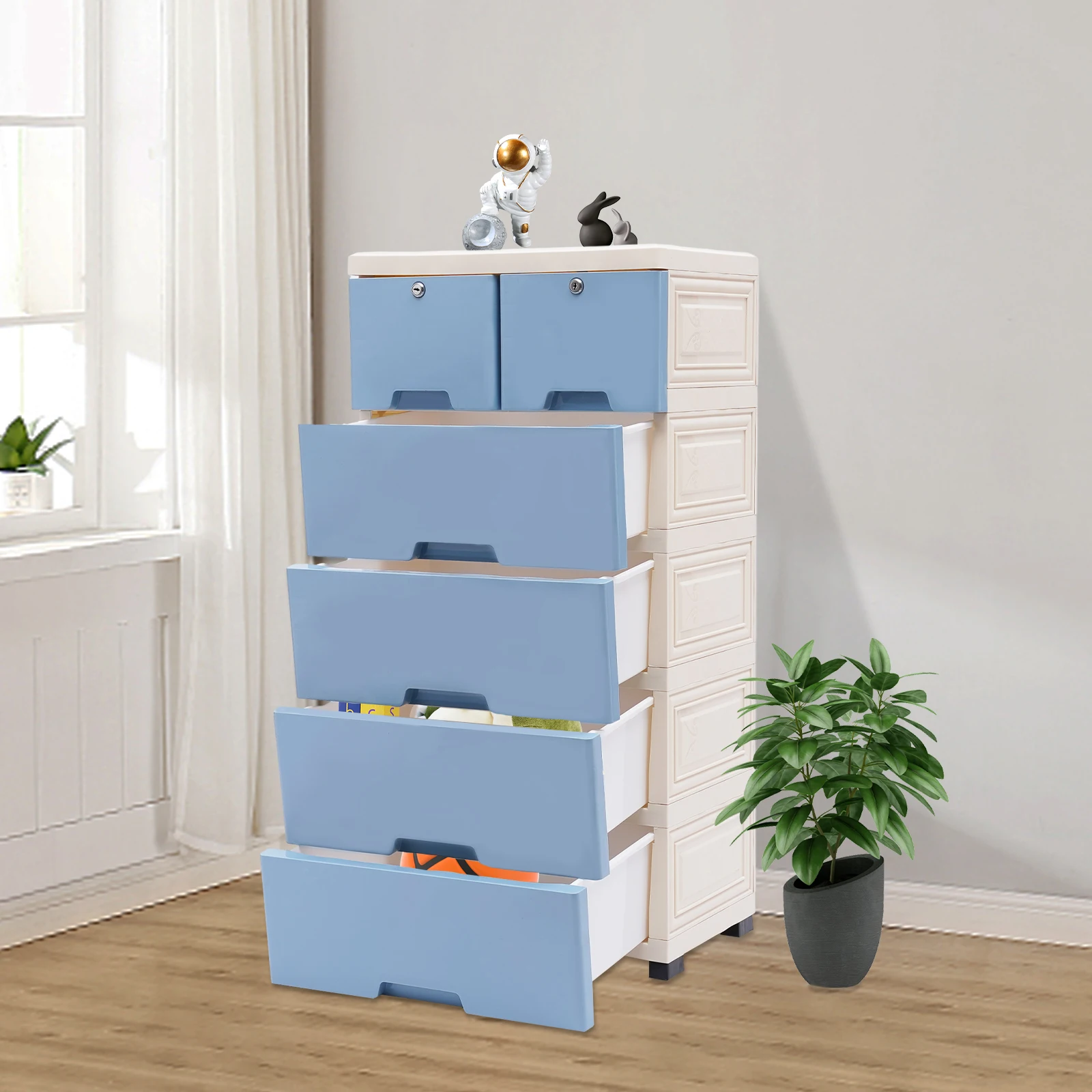 خزانة بلاستيكية زرقاء مكونة من 6 أدراج مع خزانة تخزين بعجلات وحدة تنظيم خزانة برجية للمنزل والمكتب وغرفة النوم وغرفة المعيشة