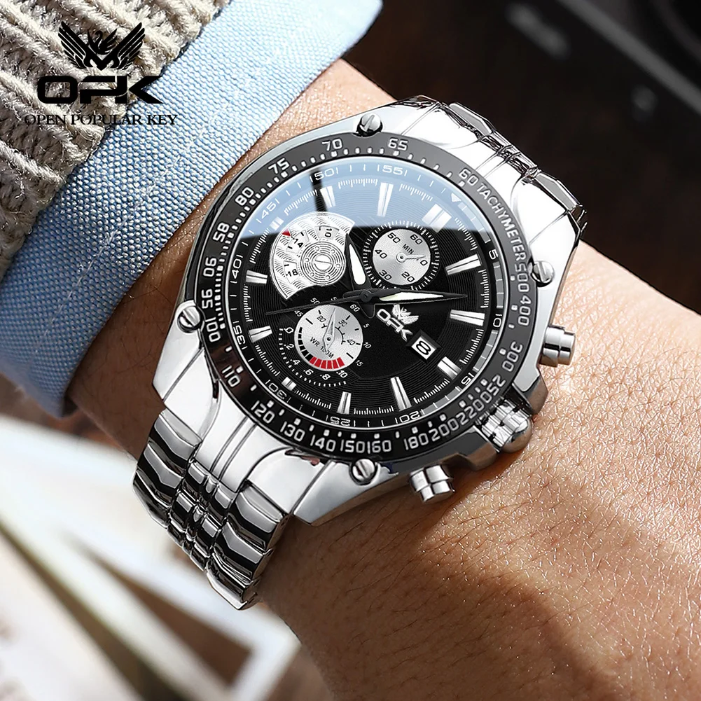 OPK 6020 Relógio de aço inoxidável masculino, marca superior, luxo, impermeável, brilho, mostrador grande, clássico, negócio, data de exibição