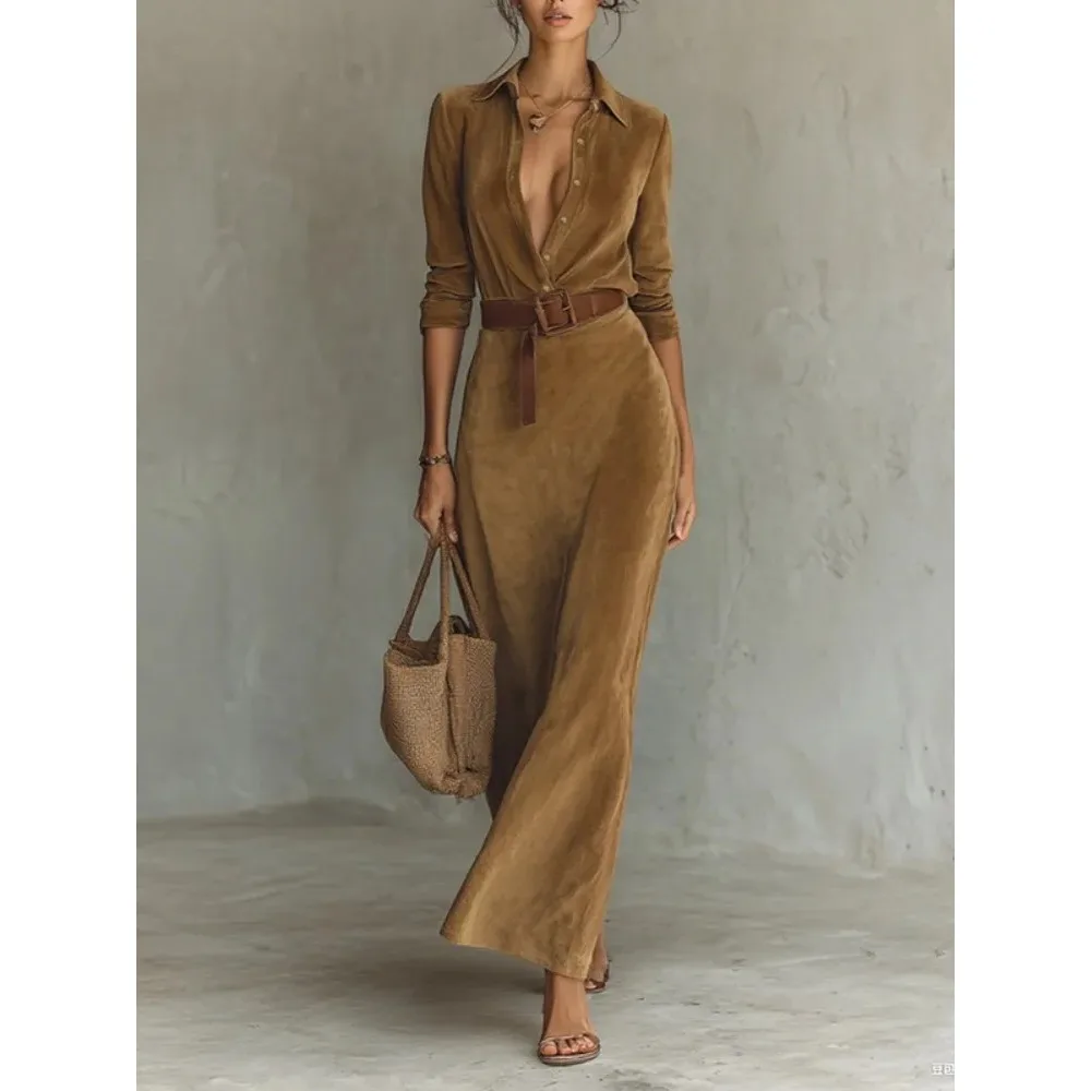 Greenora Women's Minimalist Solid Color Belted Lapel Shirts Dress Long Sleeves Split-Joint High Waisted Casual Office Maxi Dress