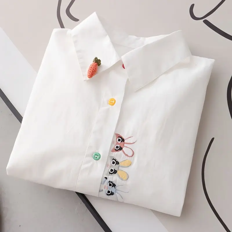 2023 New Spring and Autumn Art Little Fresh Cartoon Embroidery Rabbit Colorful Button Loose Relaxed Long Sleeve Student Shirt