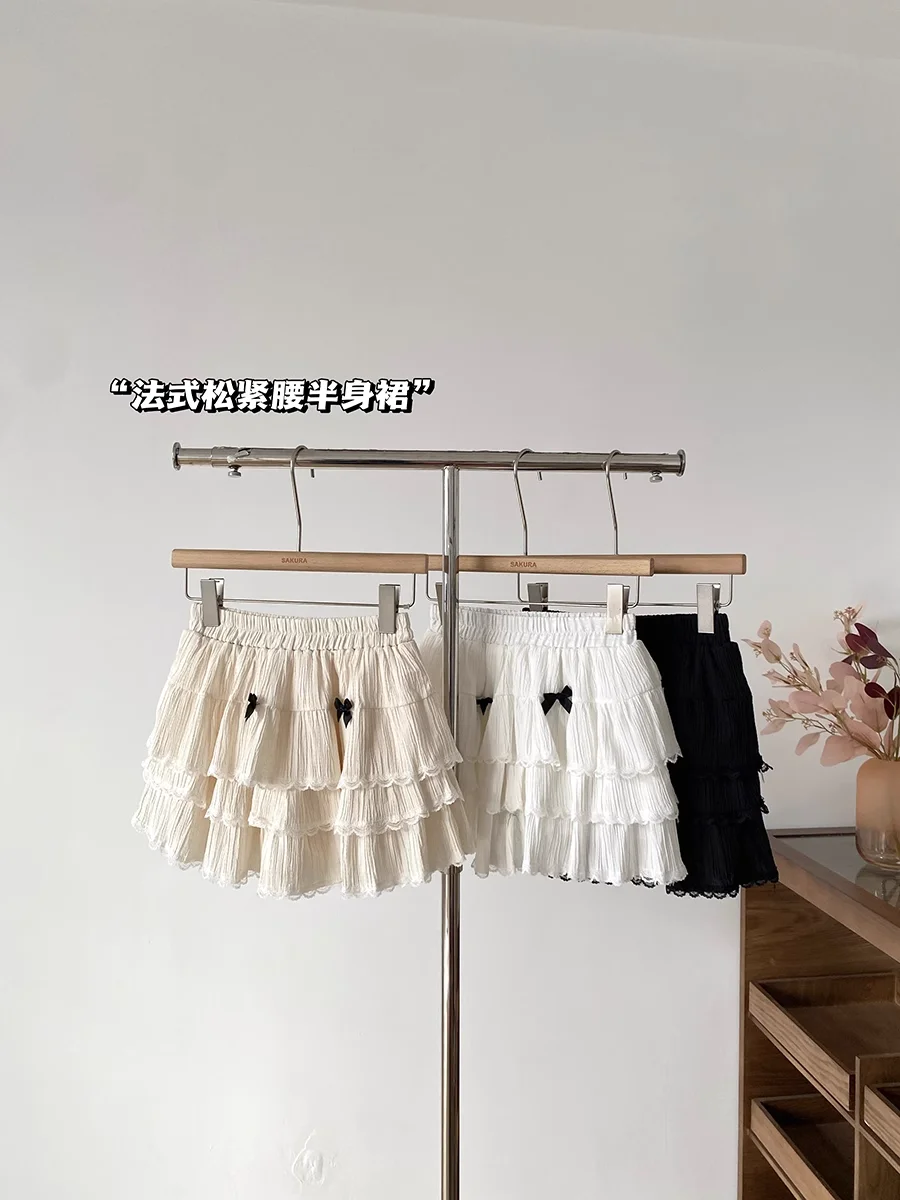 

Sweet Ruffle Bow Cake Skirts Women 2025 Spring Summer High Waist A-line Mini Skirt Cute Texture Solid Versatile Faldas