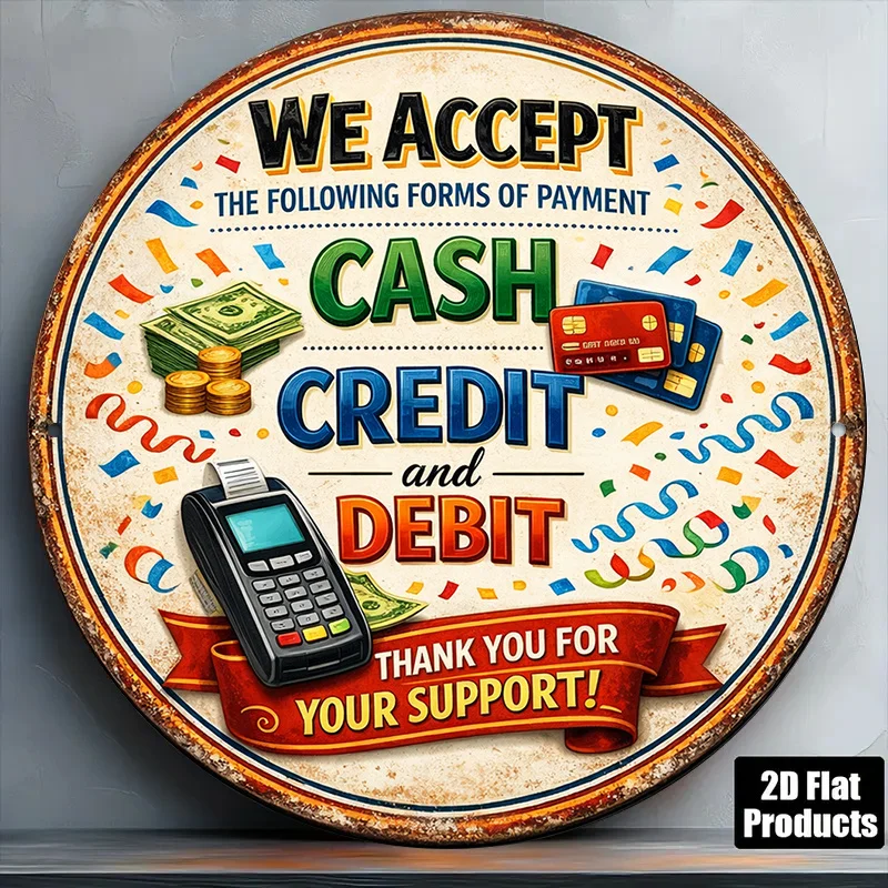 1pc 8 X 8in 20 X 20cm 2D Flat Round Sign Vintage Plaque About Accept Cash Credit Debit Cards Payment Store Checkout POS