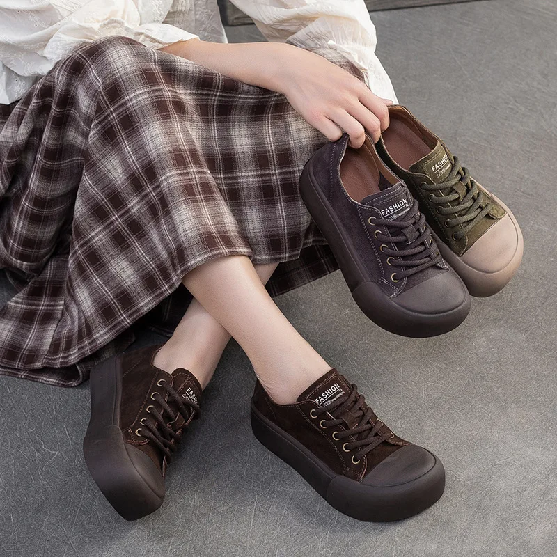 Vulcanize Shoes Retro Cow Genuine Leather Sneakers Lace Up Women's Shoes 2026 Spring New Casual Round Toe Cowhide Flats
