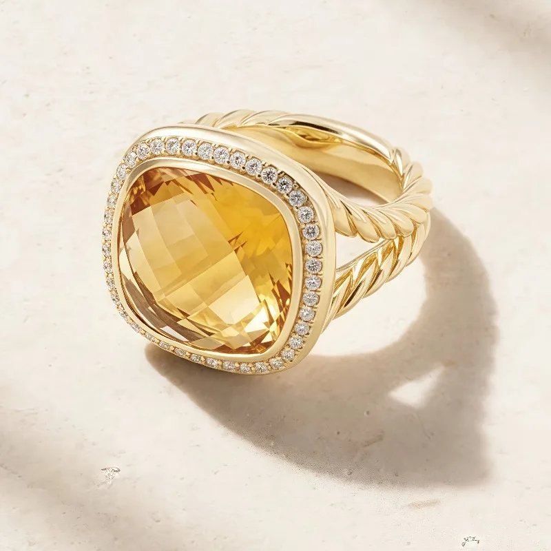 Luxurious Sparkling Bright Yellow Color Square Inlaid Zircon Ring, Suitable for Ladies' Banquets, Parties, Jewelry Gifts