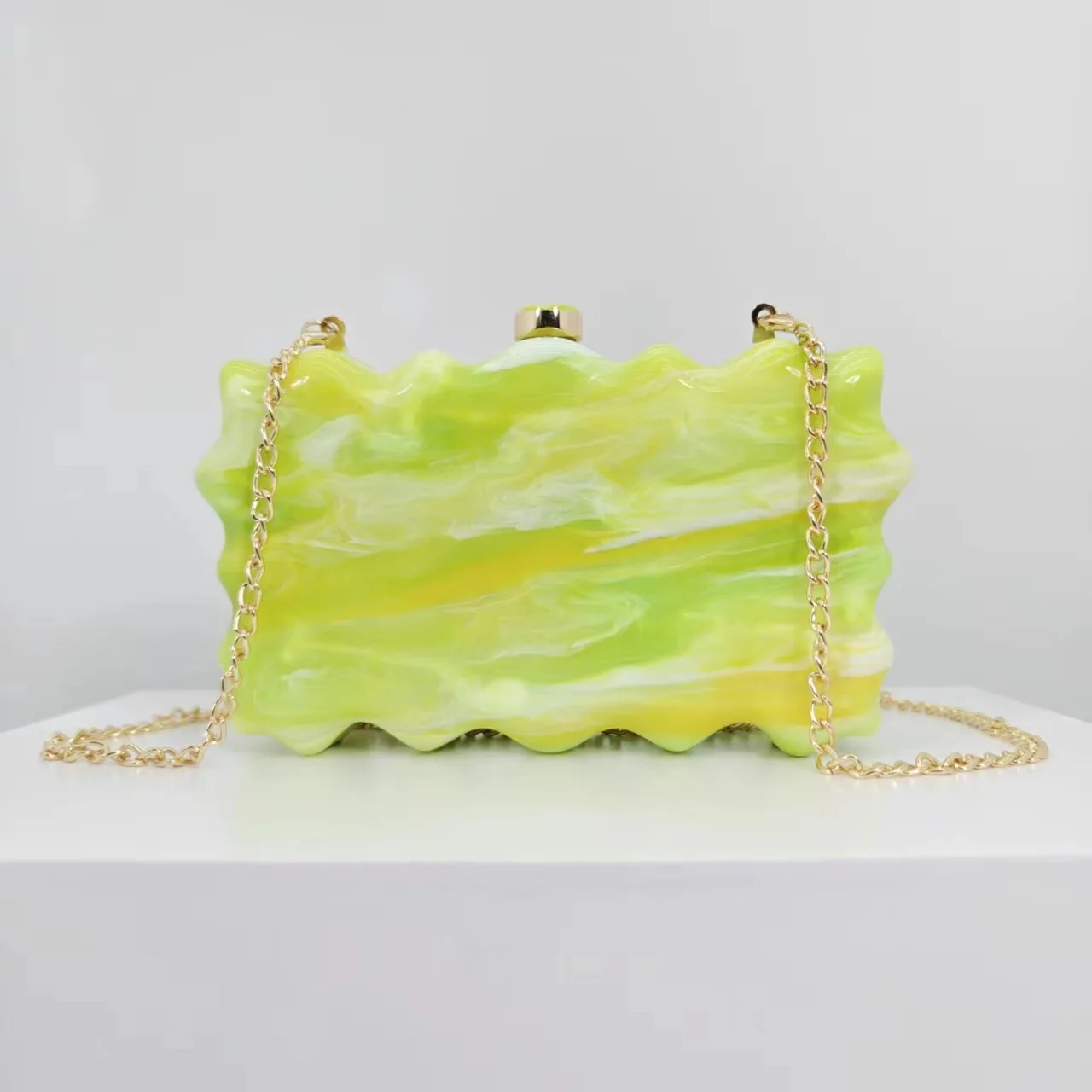 2024 New Women\'s Green Clutch Bag Summer Evening Party Lemon Wavy Marble Print Handbag