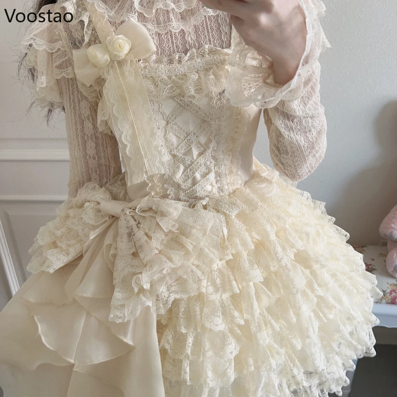 Süße Lolita Prinzessin Jsk Kleid Frauen Harajuku Kawaii Spitze Rüschen Mesh Kuchen Kleider Band niedlichen Trail ing Abend Party Vestidos