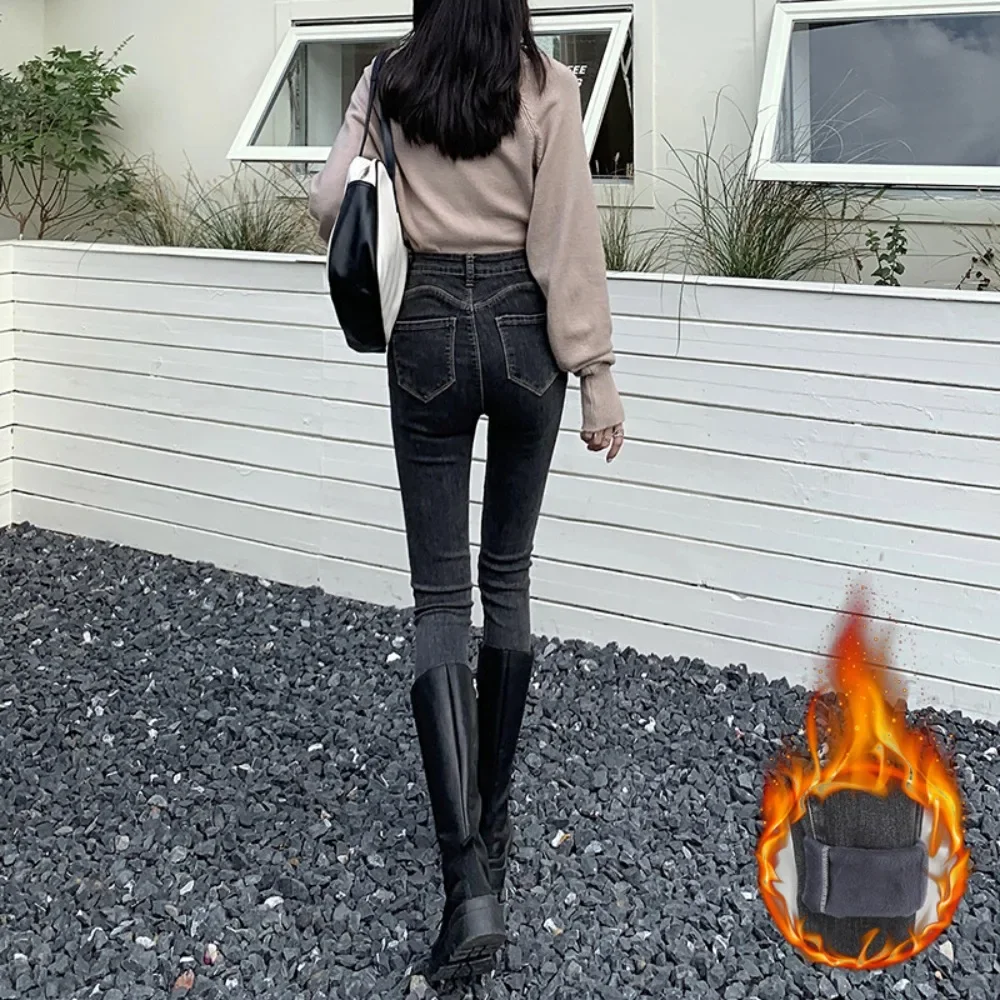 Frauen hohe Taille thermische Frauen Jeans Winter warm Plüsch gefüttert Jeans hose Leggings blau schwarz weibliche Hosen Hose y2k Jeans