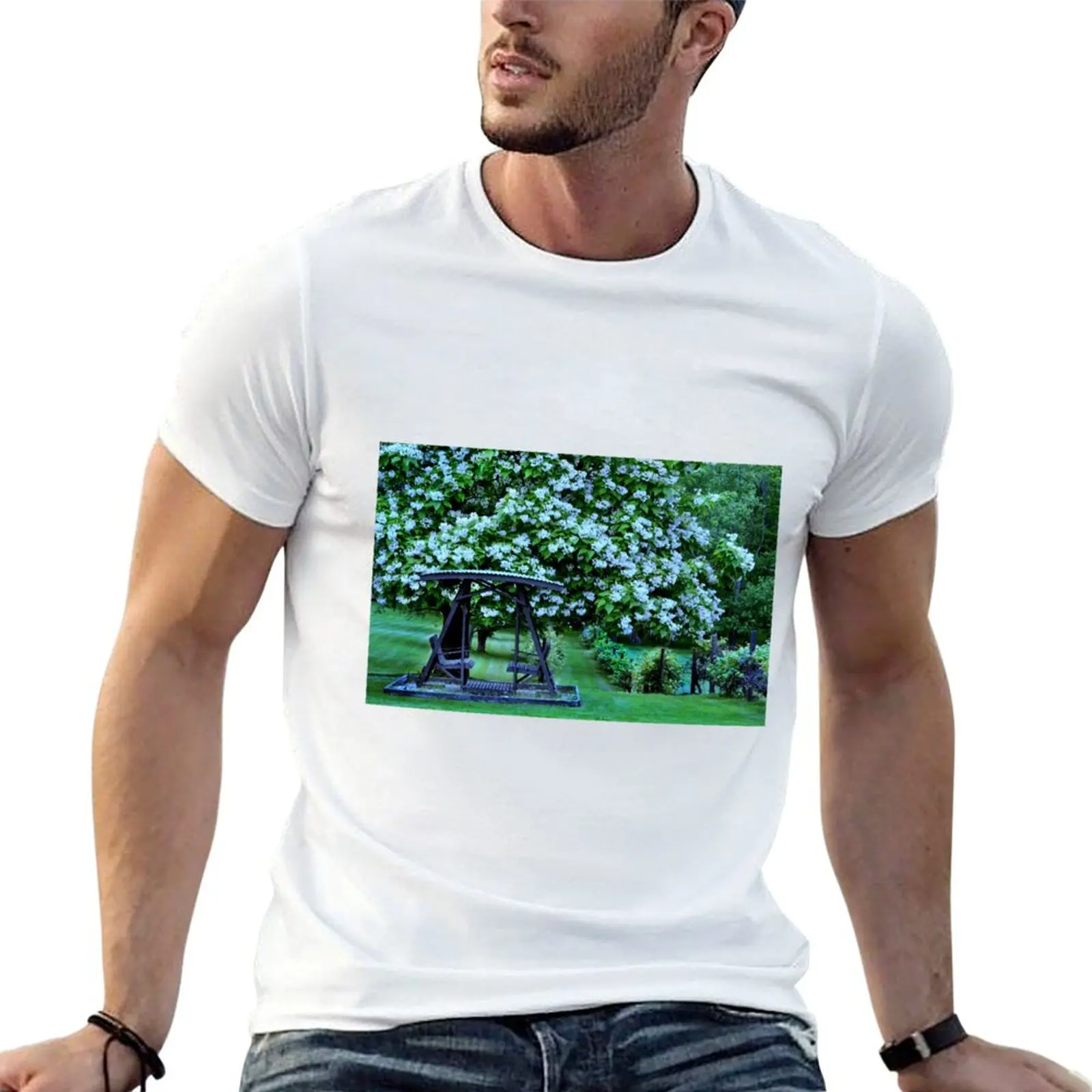 Camiseta con estampado de árbol de Catalpa en flor, camiseta para hombre, camisetas de lujo para hombre, camisetas gráficas ajustadas para hombre