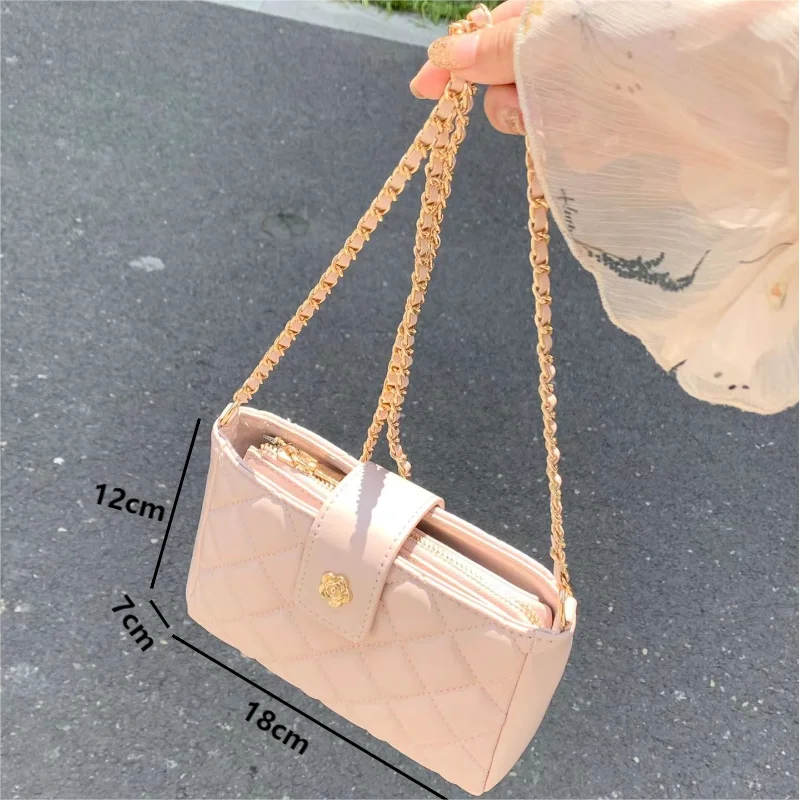 Fashion Camellia Buckle Chain Crossbody Bags Ladies Mini Square Shoulder Bags Women\'s Rhomboid Lattice Pink PU Leather Handbags