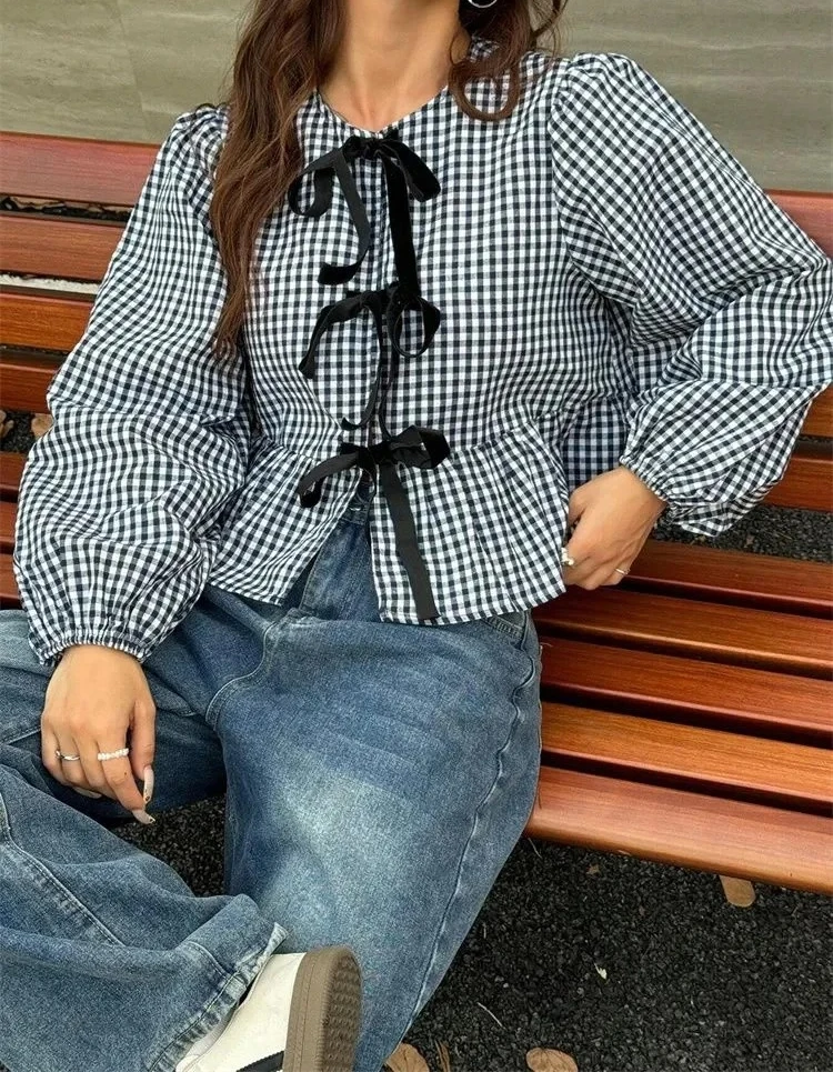 

Plaid Lantern Long Sleeve Blouse for Women Spring Autumn Clothes Sweet Style Loose Knot Front Round Neck Top Streetweawr
