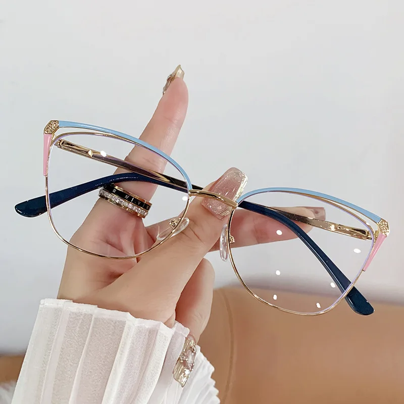 CAIDERONI Trend Cat Eye Frauen Mode Anti Blau Licht Metall Gläser Schmetterling Angepasst Objektiv Lesebrille Frauen Kurzsichtig 25062 4