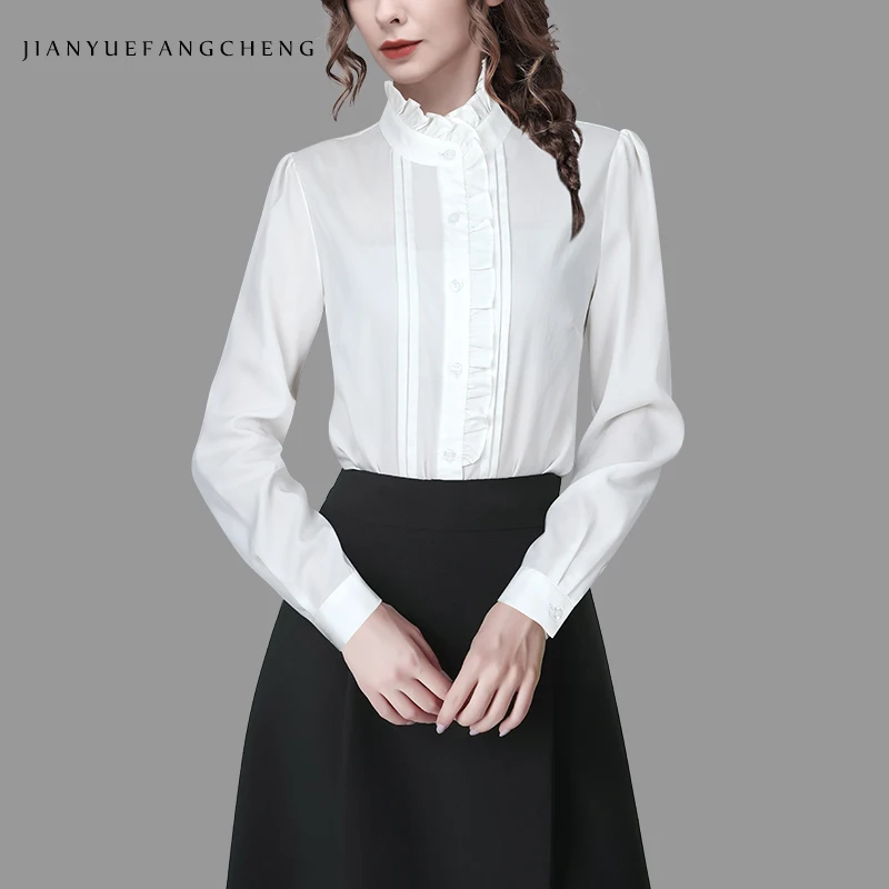 Office Ladies White Blouses 2024 Spring New Long Sleeve Ruffled Neck Women Tops Elegant Fashion Work Button-down Dress Shirt