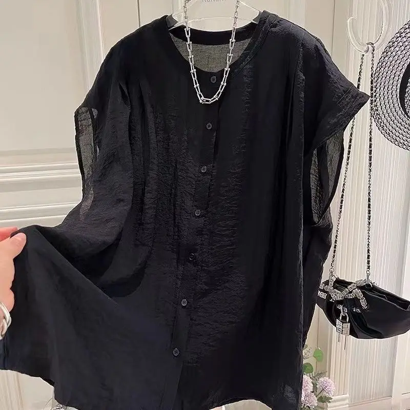Lazy Style Simplicity Loose Shirt Tops Summer Button Thin Solid All-match Elegant Blouse Vintage Casual Fashion Women Clothing