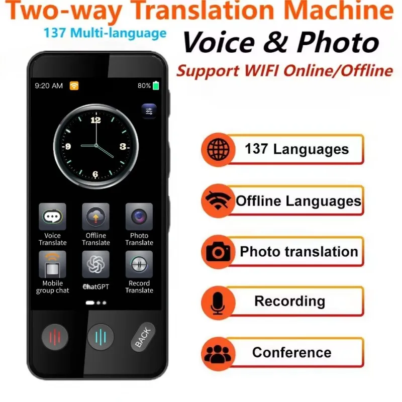 

137 Languages AI ChatGPT Voice Translator Device 3.4-inch Touch Screen Support Photo Offline Record Real Time Fast Translation