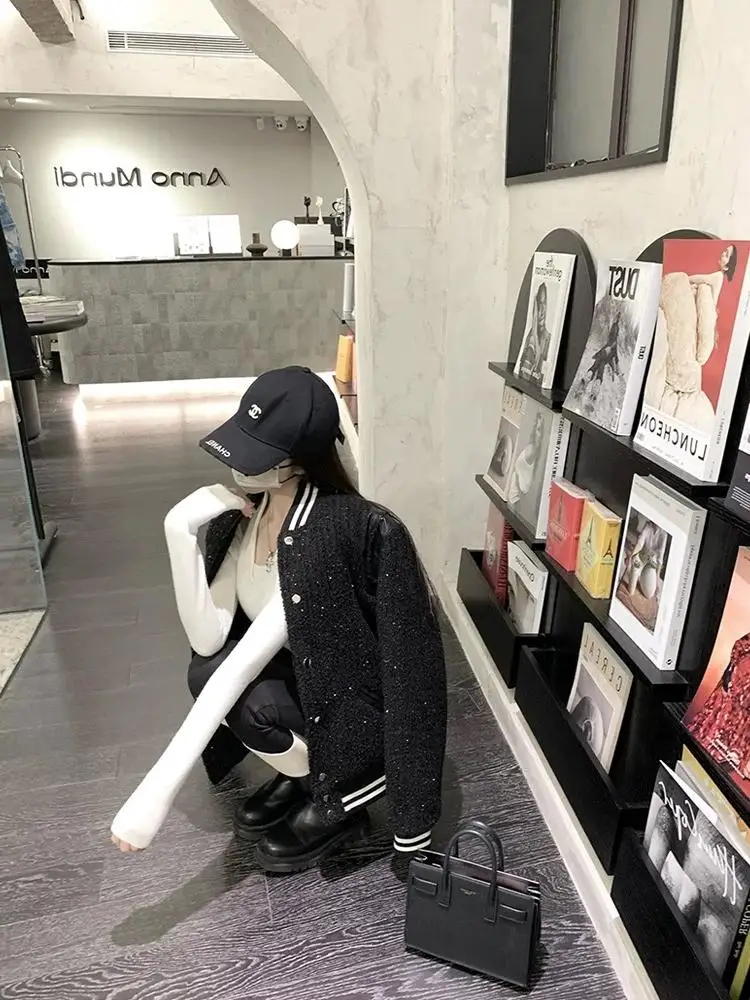 

Tianxing Wool Patchwork PU Color Block Baseball Jacket Women's Autumn Winter Loose Casual Cotton Insert Outerwear