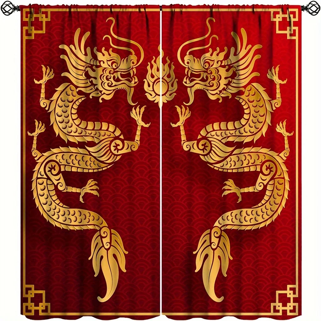 2pcs Golden Dragon Curtains 3D Art Printed Dragon Window Drapes Rod Pocket for Room Bedroom Living Room Decor,Red Curtain.