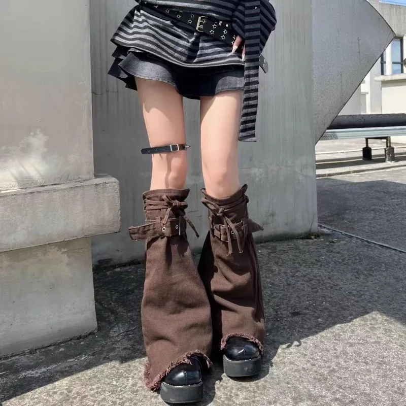 Japanese Subculture Fashion Design Sense Denim Pantyhose Brown Straps Leg Warmers Female Y2k Soft Girl Wide Leg Horn Calf Cover