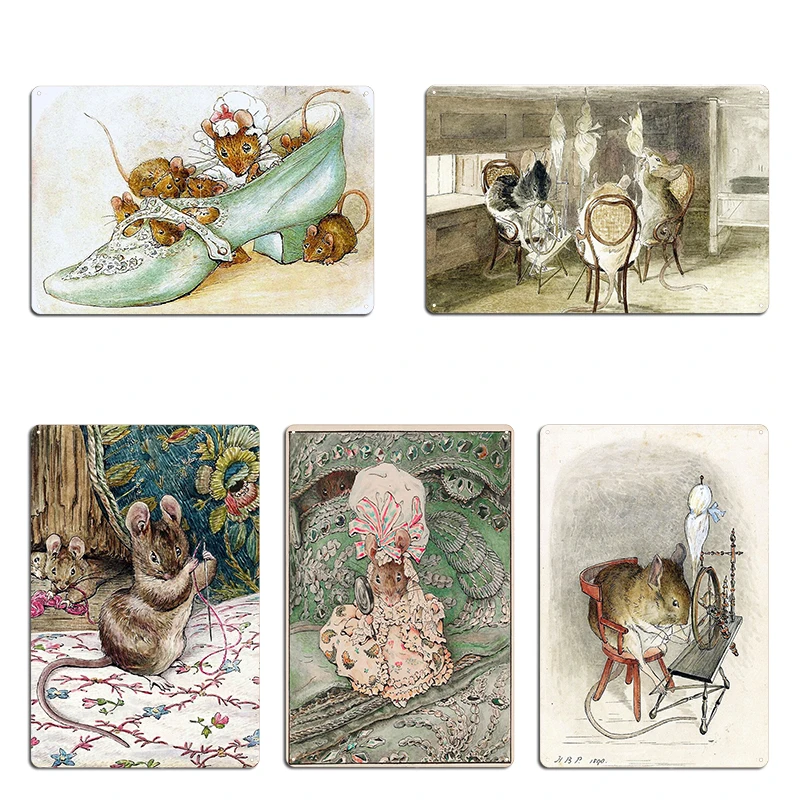 The Mice Go to Work The Tailor of Gloucester Beatrix Potter Metal Sign Wall Decor Pub Print Club Wall Mural Tin Sign Poster