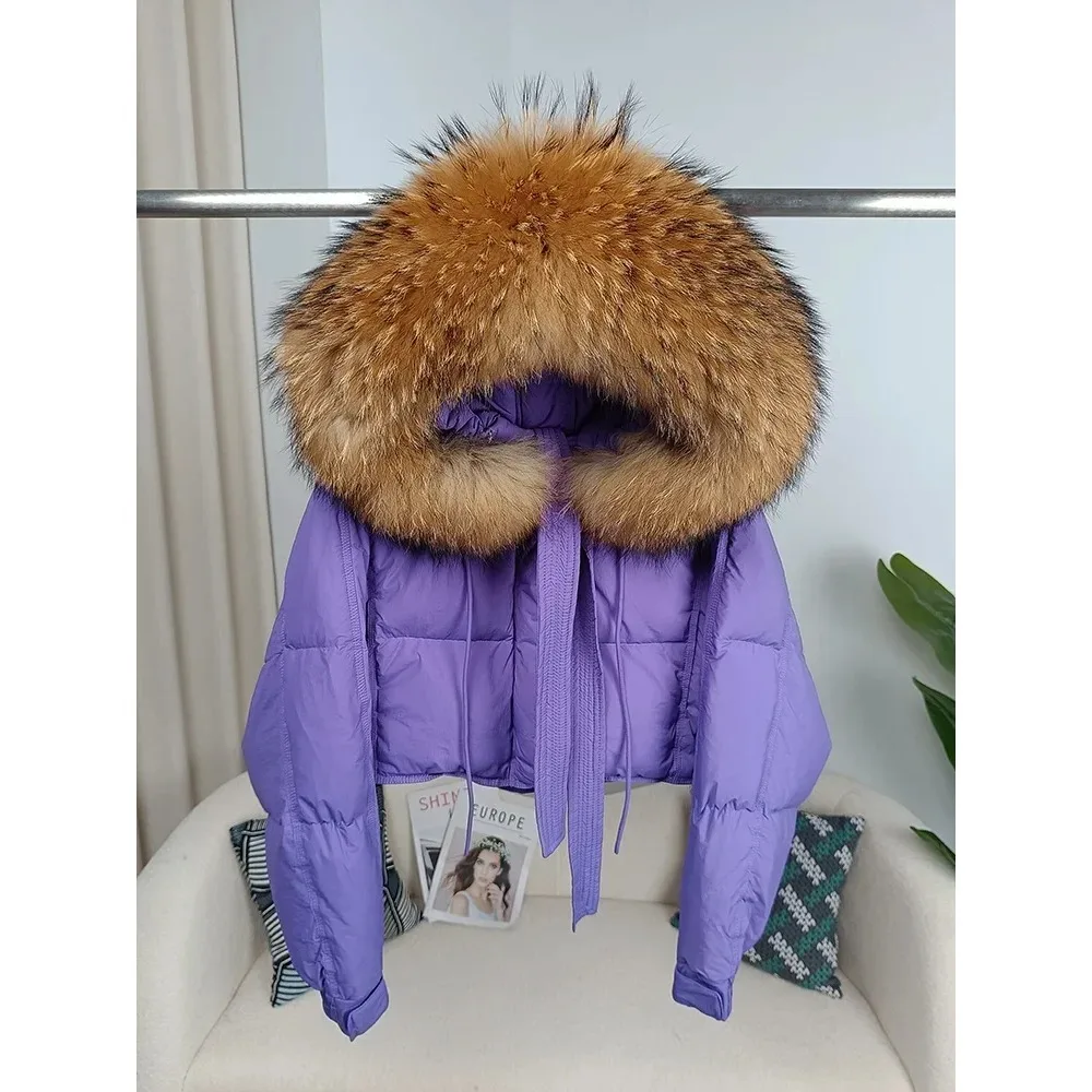 New Duck Down Loose Winter Jacket Women Real Fox Fur Raccoon Fur Collar Hooded Thick Warm Streetwear Outerwear Detachable