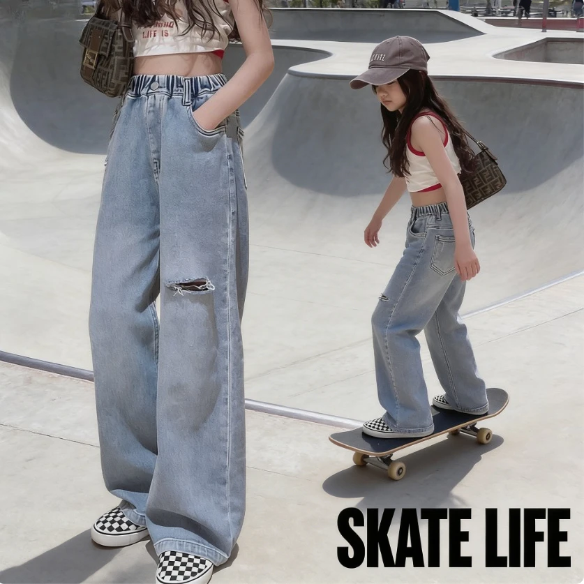2026 Spring Girls Ripped Jeans High Waist Wide Leg Loose Straight Trousers Teenagers