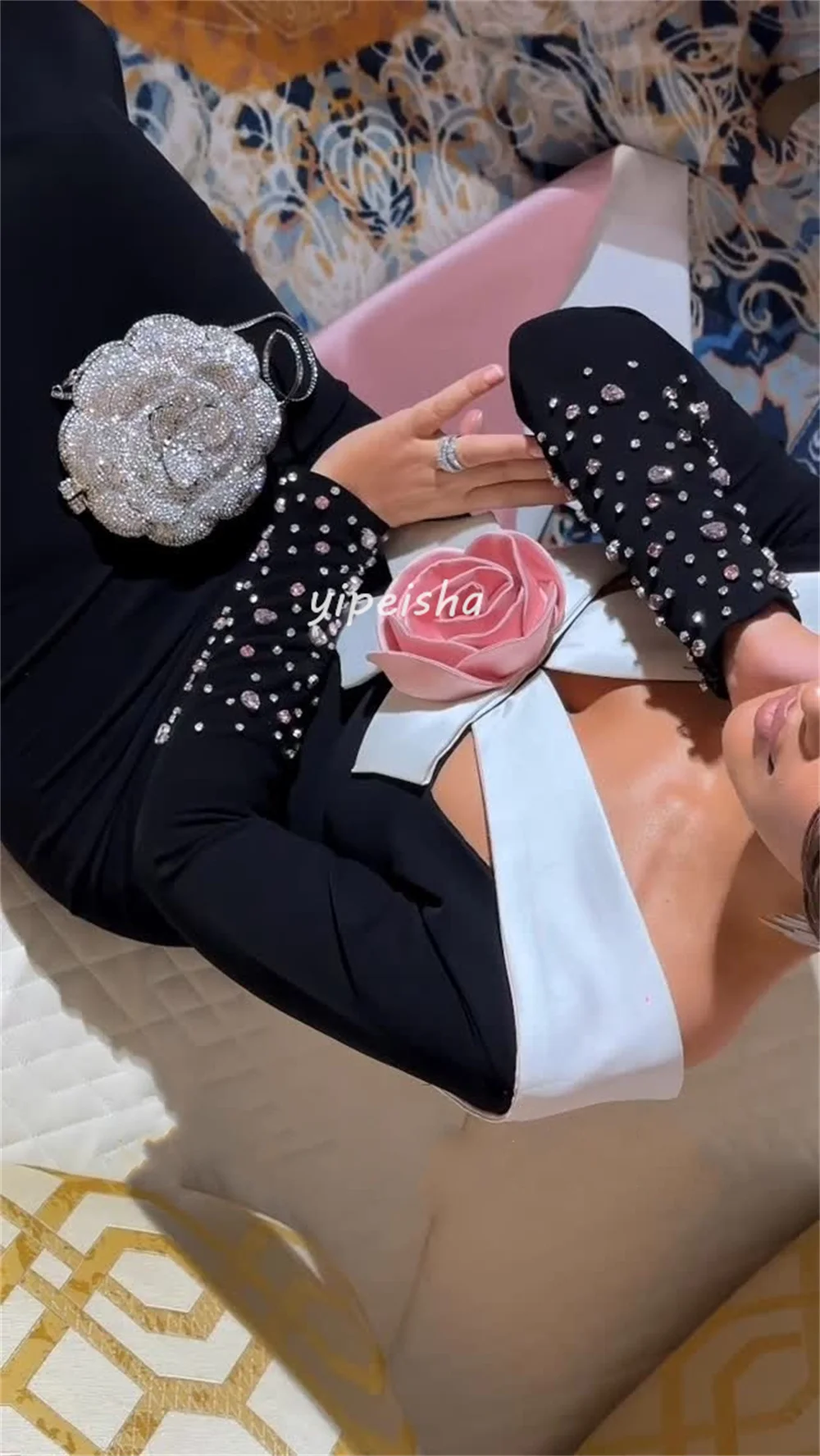 تخصيص رائعة مطابقة جيرسي اليدوية زهرة القوس حجر الراين مستقيم الخامس الرقبة فساتين طويلة فساتين السهرة رائعة الرجعية #2