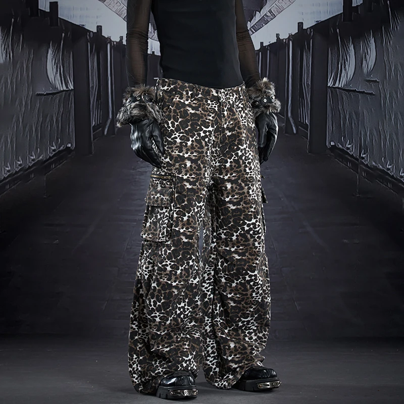 LUZHEN 2025 Fashion Leopard Print Niche Design Pockets Decorate Cargo Trousers Men's Trendy Handsome Street Casual Pants JY5325