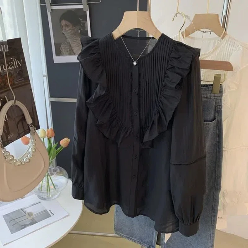 

New Niche Loose Long-sleeved Shirt for Women with Black Fungus Long-sleeved Shirt