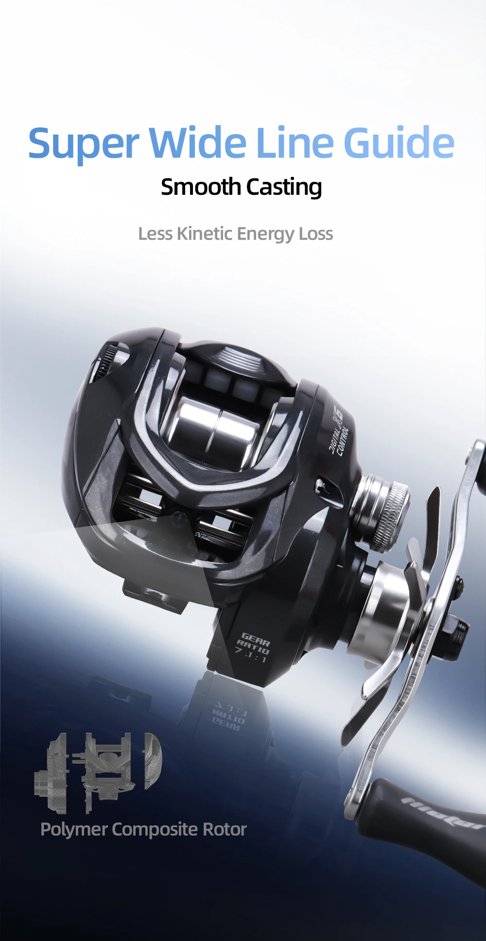 HASIDA X6 DC Baitcasting-Rolle IDC Digitalbremse Anti-Backlash Low-Profile-Wurfrolle 7.1:1 Leichter Carbonrahmen – Detail 13