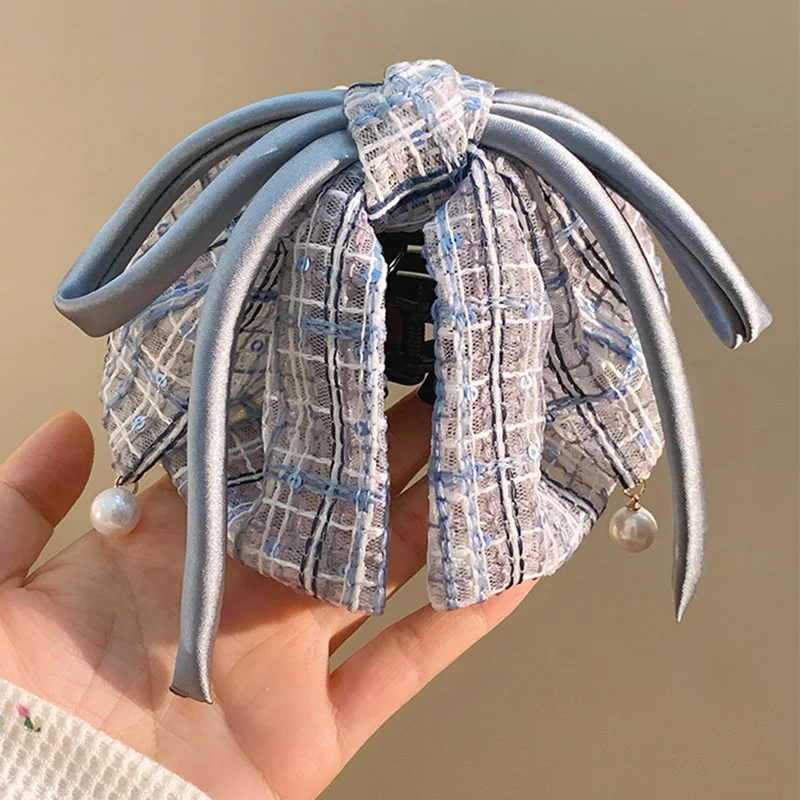 

Plaid Bow Hair Claw Clip Soft Blue Sweet Korean Chic for Back Head Ponytail Updo Office Festival High Quality