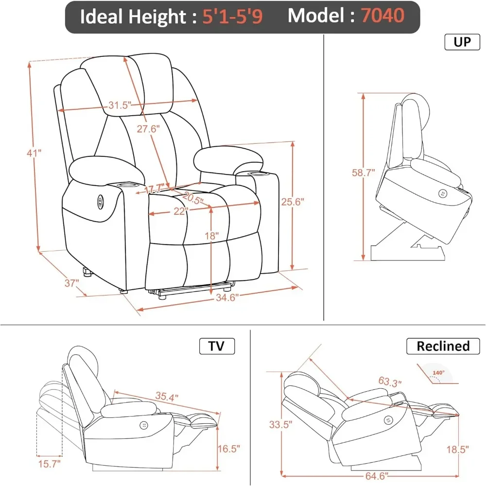 Electric Power Lift Recliner Chair Sofa with Massage and Heat for Elderly, 3 Positions, 2 Side Pockets and Cup Holders USB Ports