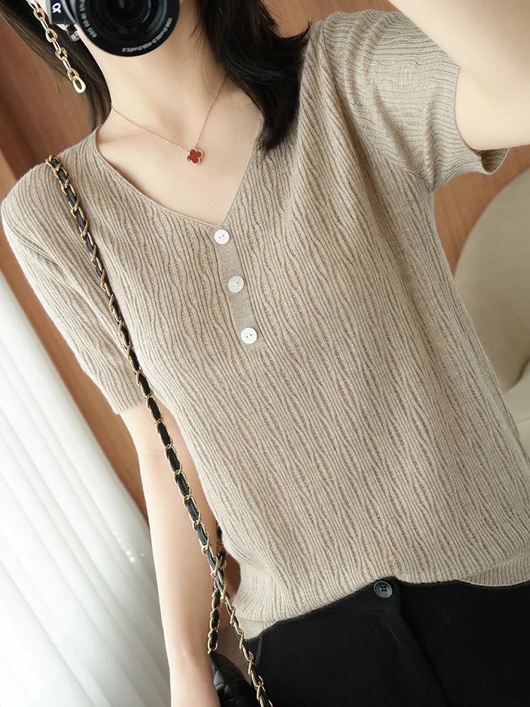 TuangBiang Summer 2023 Translucent Hollow Out Women Pullovers Button V-Neck Short Sleeve Knitted Grey T-Shirt Cotton Thin Tops