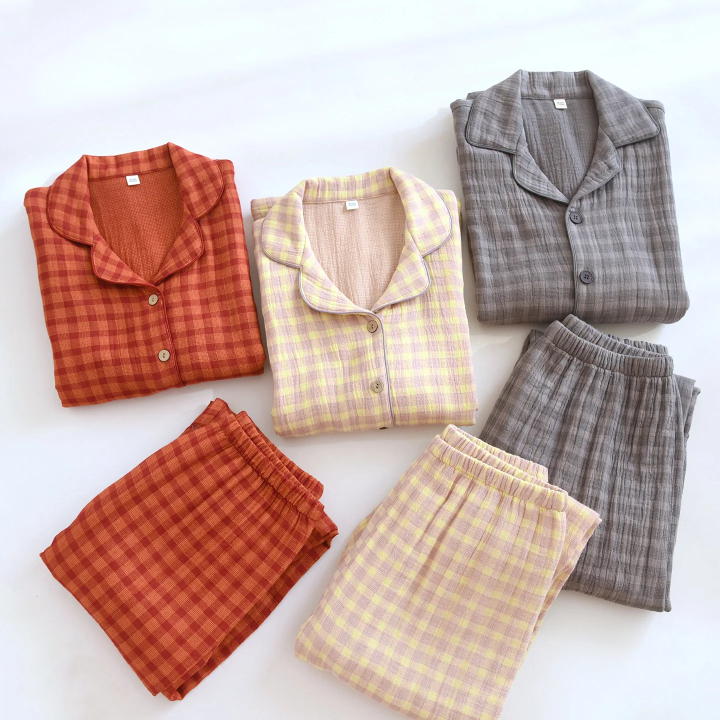 Women's Nightie Plaid Cotton Pajamas Set 4 Layer Gauze Spring Long Sleeve Nightwear Men Pyjama Suit Couple Sleepwear