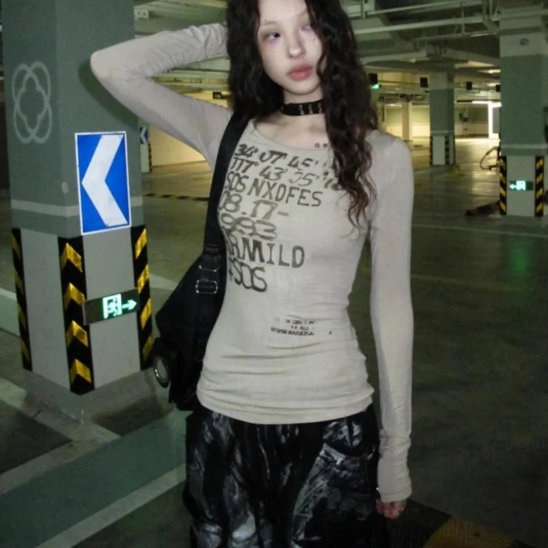 Y2k Letter Print T-shirt 2000s Style Long Sleeve Tops Vintage Harajuku Streetwear American Retro Fairycore Tshirts ropa de mujer