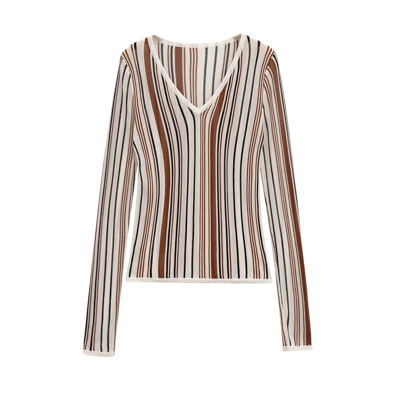 

YENKYE 2025 Vintage Striped Knit T Shirt Women Long Sleeve V Neck Slim Casual Autumn Tops
