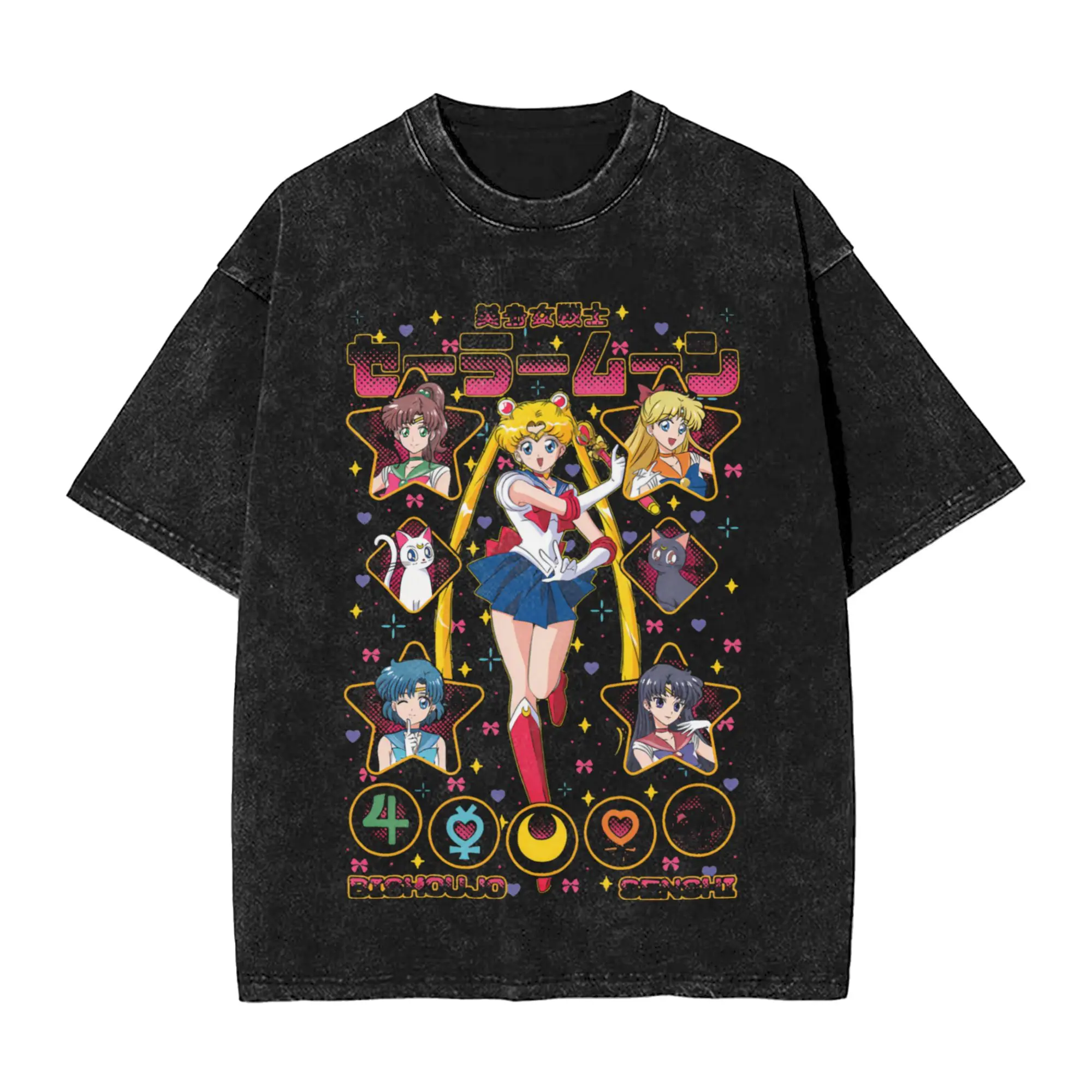 Sailors Moons Japanese Anime Washed T-Shirt Man  Y2K Retro Cotton T Shirts Summer O-Neck Trendy Cool Tees Oversized Clothes