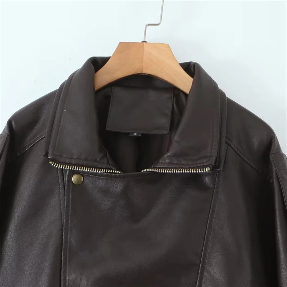 Chaqueta de cuero holgada y versátil con decoración de cremallera y manga larga con cuello para mujer, nuevo producto de otoño