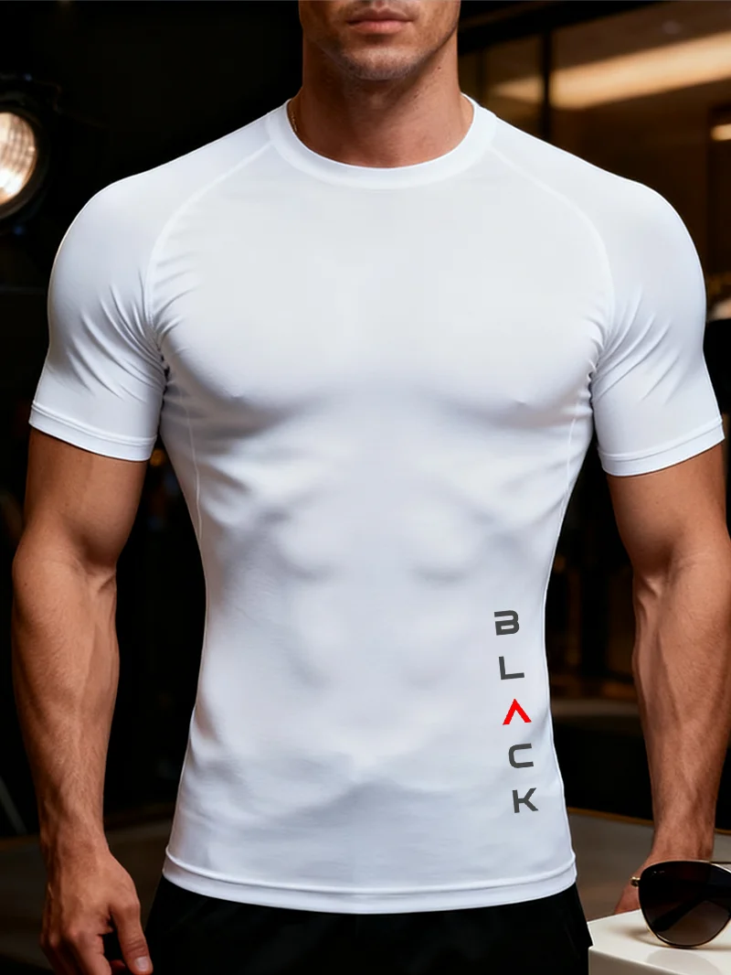 New Compression Shirts Men's Vertical letter print Quick Dry Gym Fitness Shirts Spring Beach Athletic Sport Running Workout Top