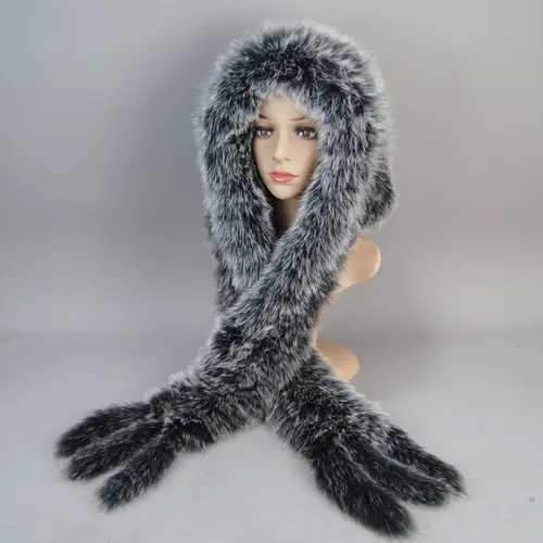 Luxury Knit Genuine Fur Caps Muffler Winter Thick Women 100% Natural Fox Fur Hat Scarves Lady Warm Fluffy Real Fox Fur Hat Scarf - Image 3