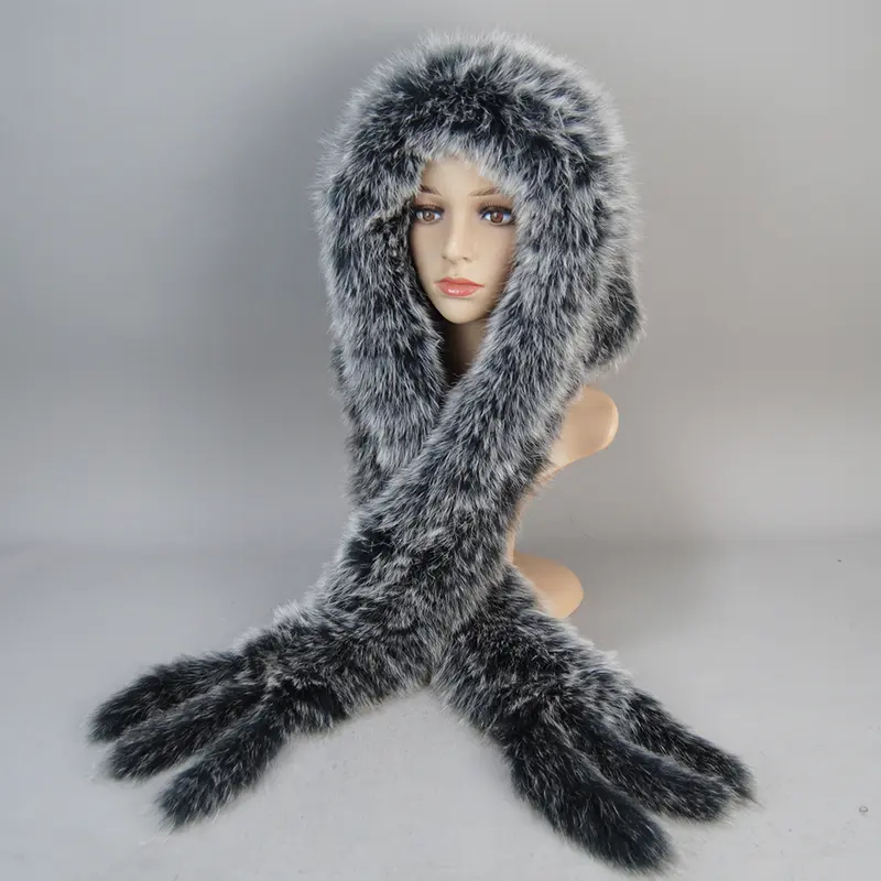 Luxury Knit Genuine Fur Caps Muffler Winter Thick Women 100% Natural Fox Fur Hat Scarves Lady Warm Fluffy Real Fox Fur Hat Scarf - Image 3