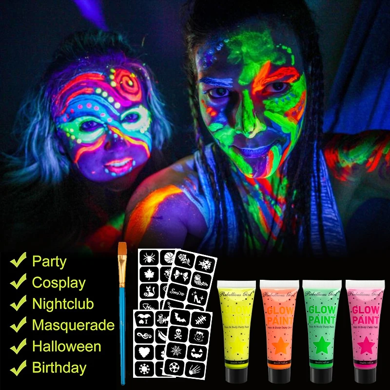 6pcs Set of 4pcs 10ml UV Glow Face & Body Paint,4 Stencil Stickers with Brush,Vibrant Glow Under Light Fluorescent Face Painting