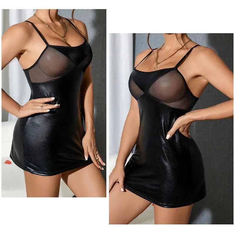 Vestido de corsé de lencería exótica, traje de cuero con escote en las nalgas, camisón negro con cuello Halter