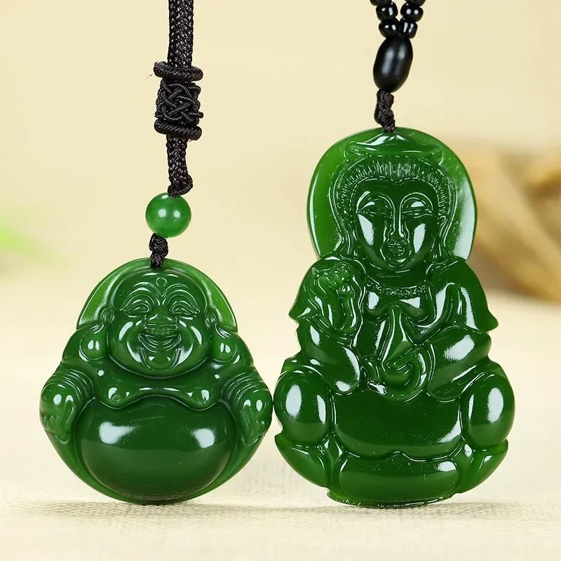 Chinese Natural Green Jade Guanyin Buddha Pendant Necklace Hand-Carved Charm Jadeite Jewelry Fashion Amulet Gifts for Men Women