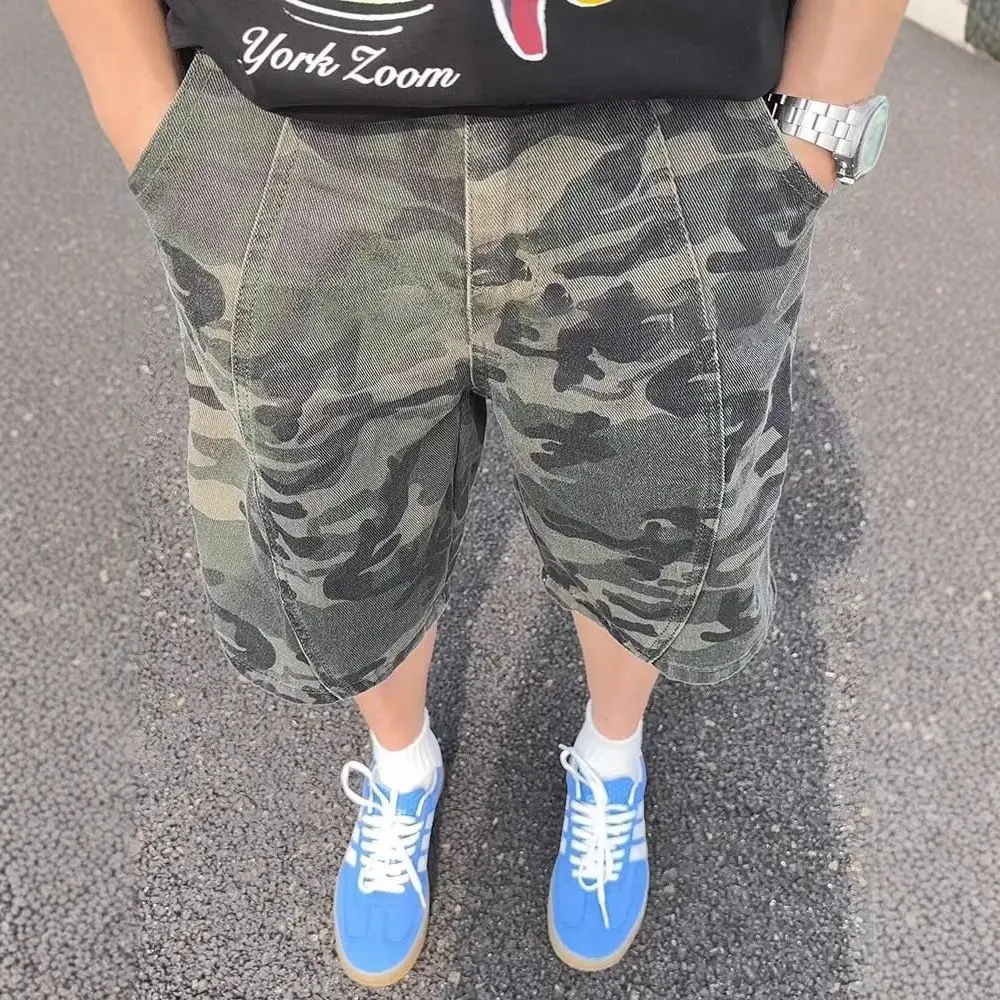

Outdoor Baggy Camouflage Cargo Denim Shorts Men's Summer 2025 New Loose Trend Straight Casual Cotton Wide Leg Half Pants