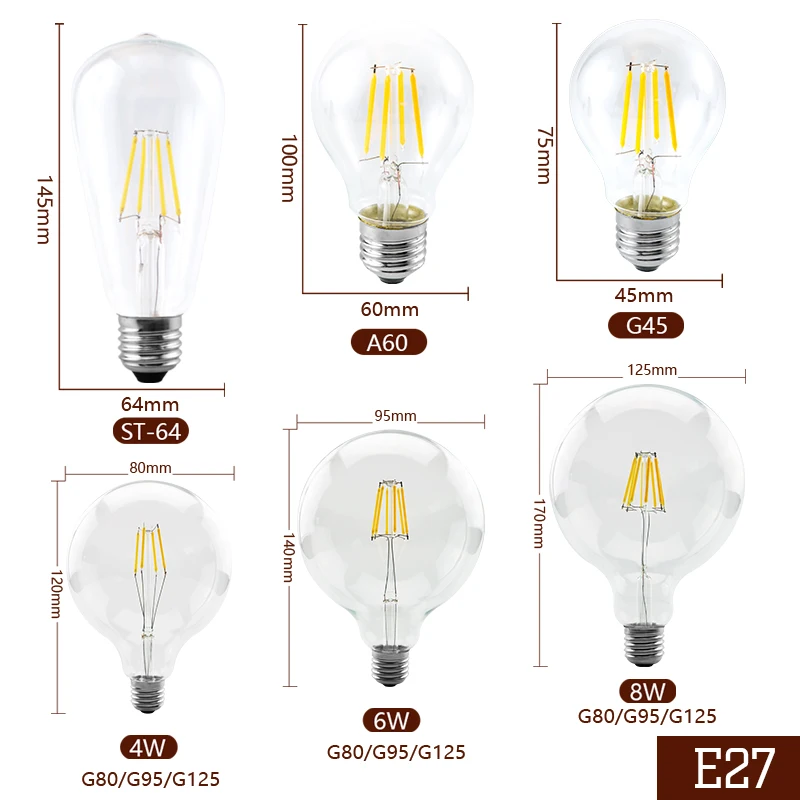 6pcs/lot LED Filament Bulb E27 Retro Edison Lamp AC220V 2W 4W 6W 8W E14 Vintage Candle Light Globe Lighting COB Home Decor Light