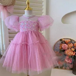 Girls' Dress 2024 Summer New Kids Clothes Children's Short Sleeved Sequin Mesh Dress Children's Lace Birthday Princess Dress