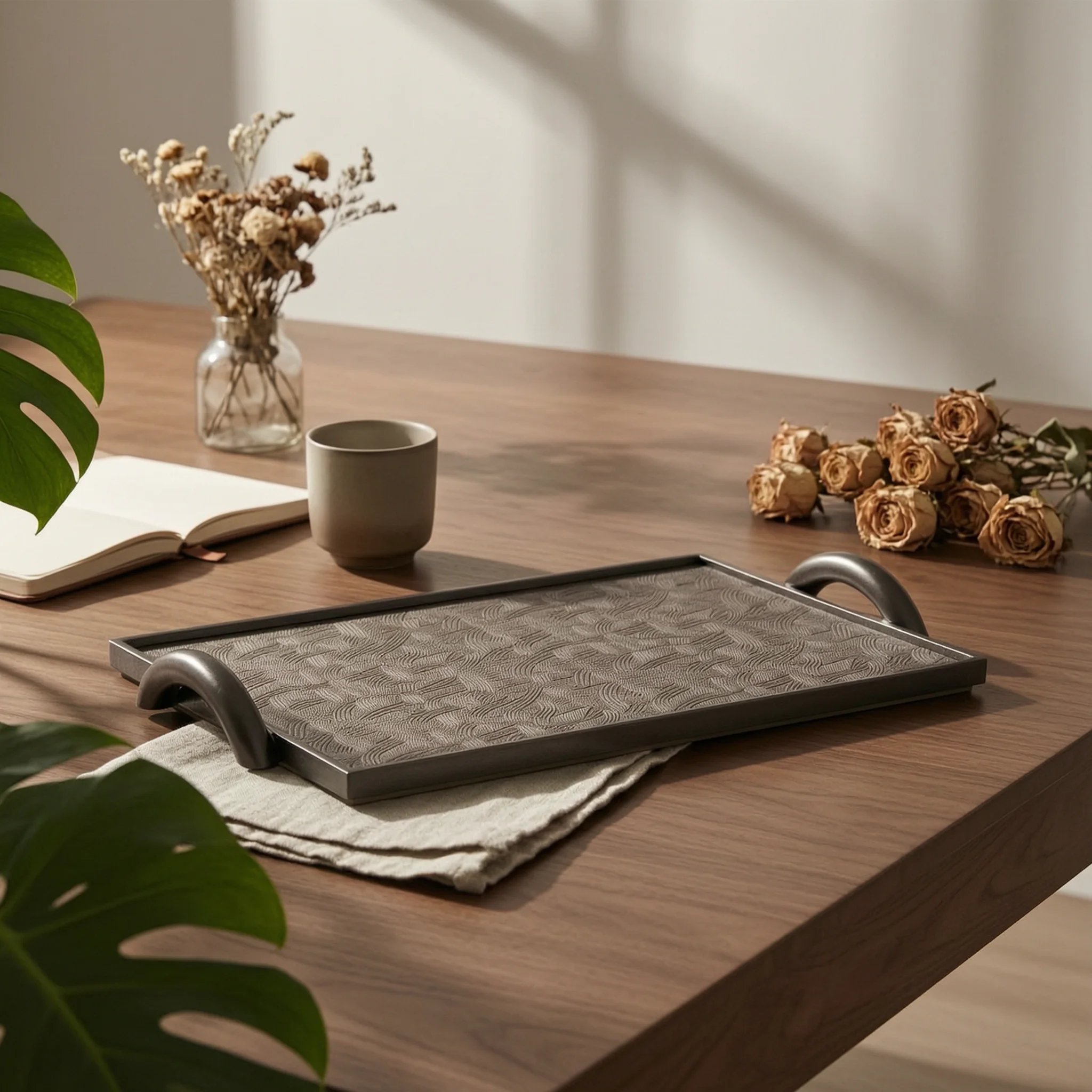 Leather Tray with Handles Low-Profile Rectangular Tray with Metal Handles Modern Luxury for Interior Designers, Coffee Table