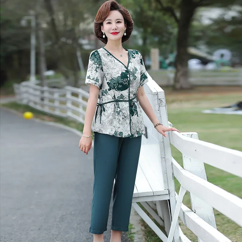 Mother Summer Suits Chiffon Print V Neck Blouse Top Pants Suit Short-Sleeve Elderly Women 2 Piece Women Set