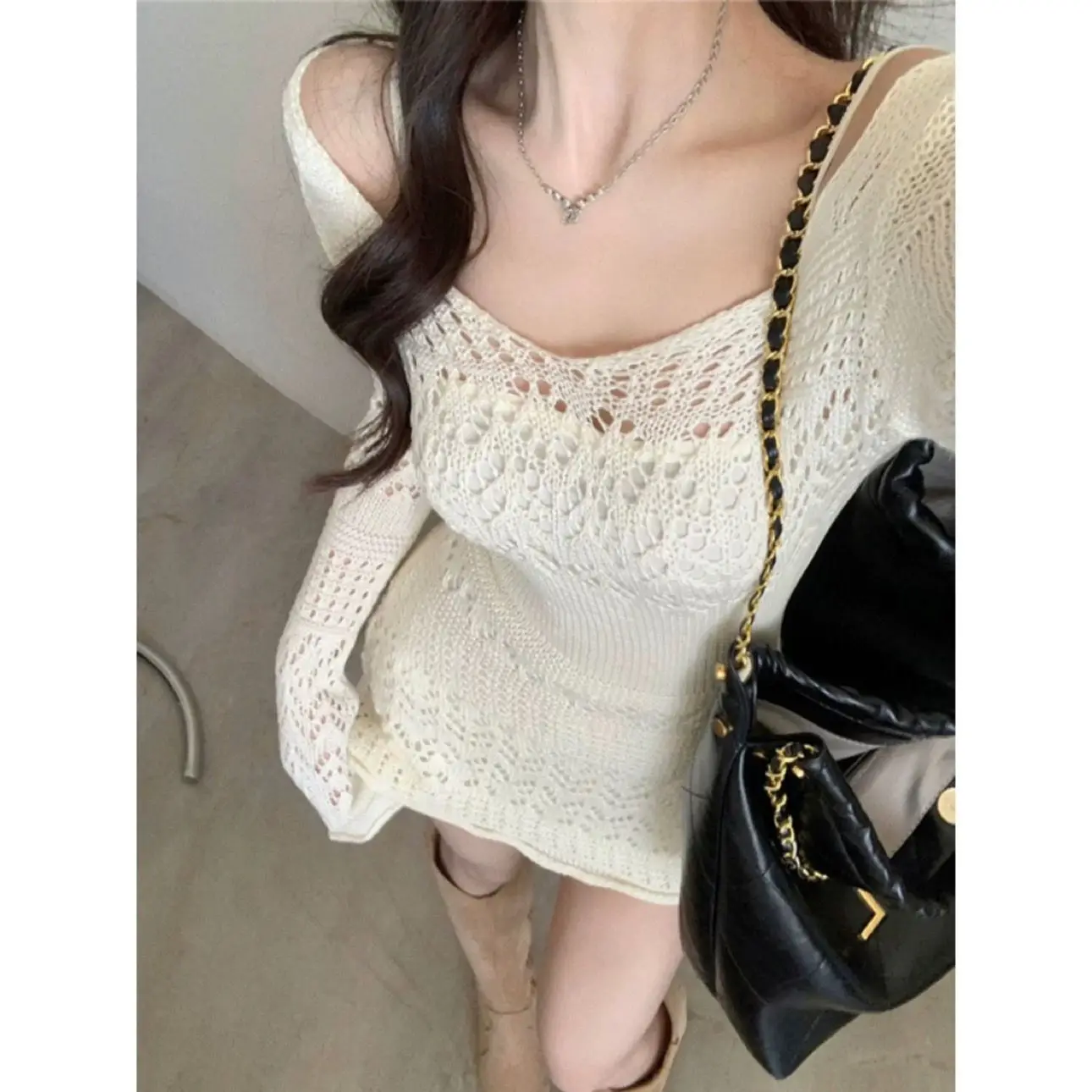 Bohemia Cover Up Shirt Female Summer Extravasation Hollow Solid Color V-neck Crochet Gentle Dress Short Corset Hip Wrap Skirt