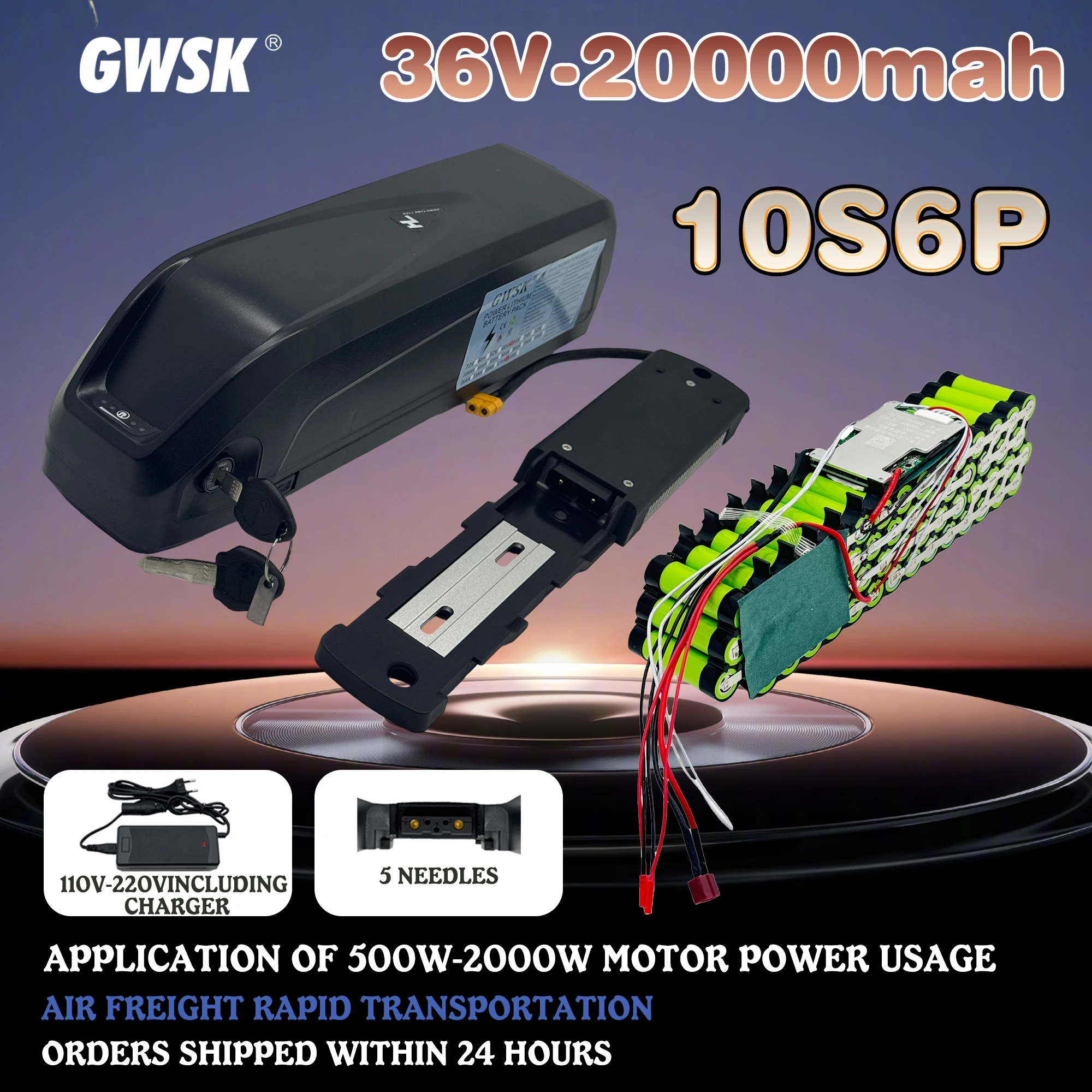 

GWSK Air transportation,36V20AH Hailong 18650 lithium-ion battery,5-pin discharge, built-in BMS system+charger application 2000W