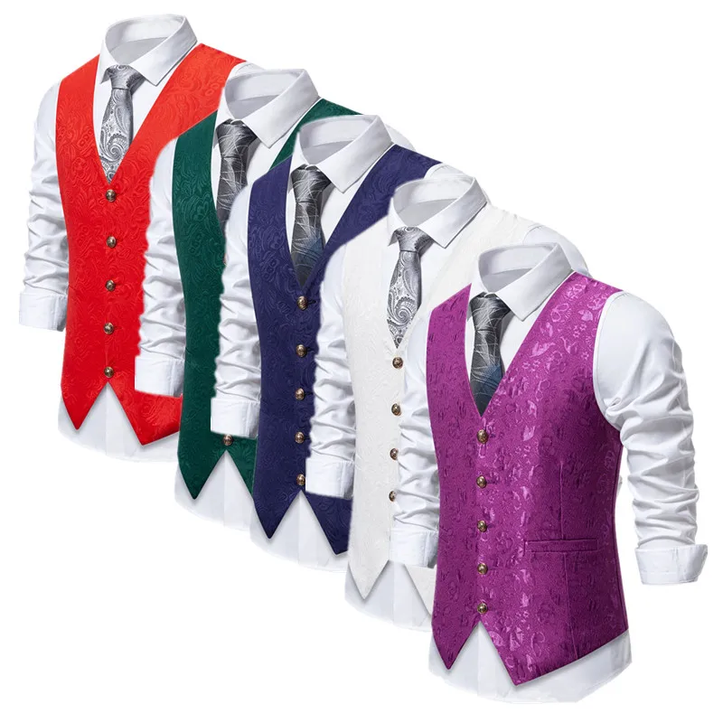 New Men Luxury Jacquard Suit Vests Loose Tops Red / Purple / Black / White Fashion Male Wedding Prom Party Dress Waistcoat